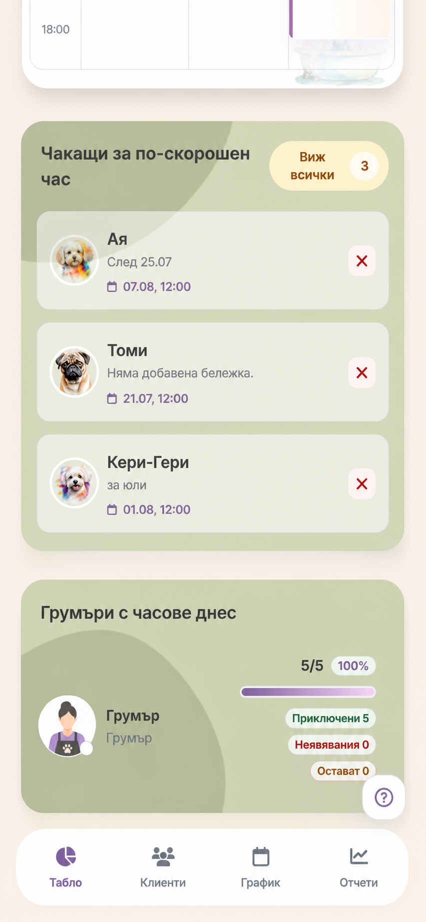 Groomly мобилен списък за по-скорошен час